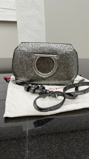 Salvatore Ferragamo Black Crinkled Metallic Leather Clutch Crossbody