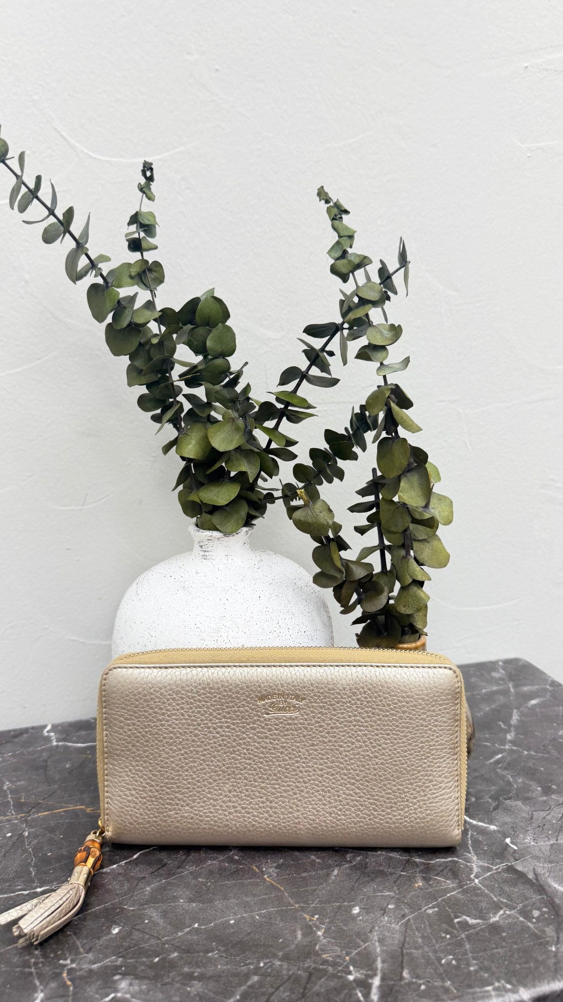 Gucci Gold Metallic Grained Leather Bamboo Zippy Wallet