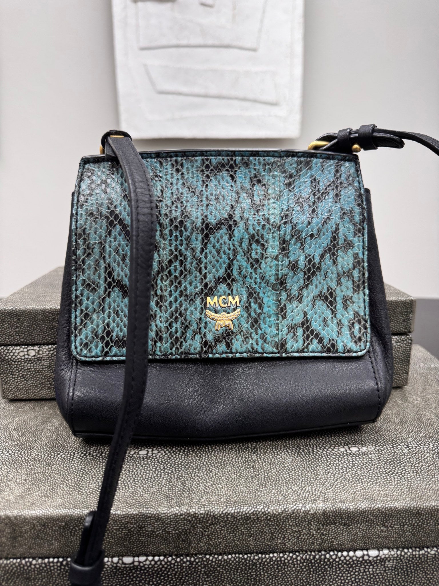 MCM Black And Green Snakeskin Leather Crossbody Bag