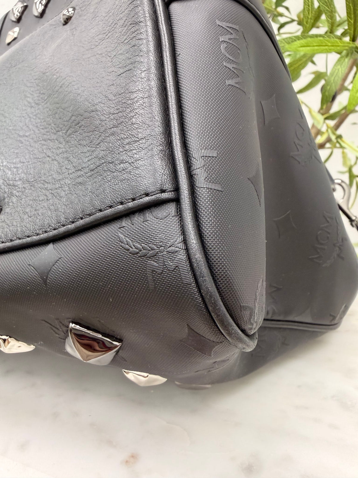MCM Black Leather Studded Travel Duffle Bag 