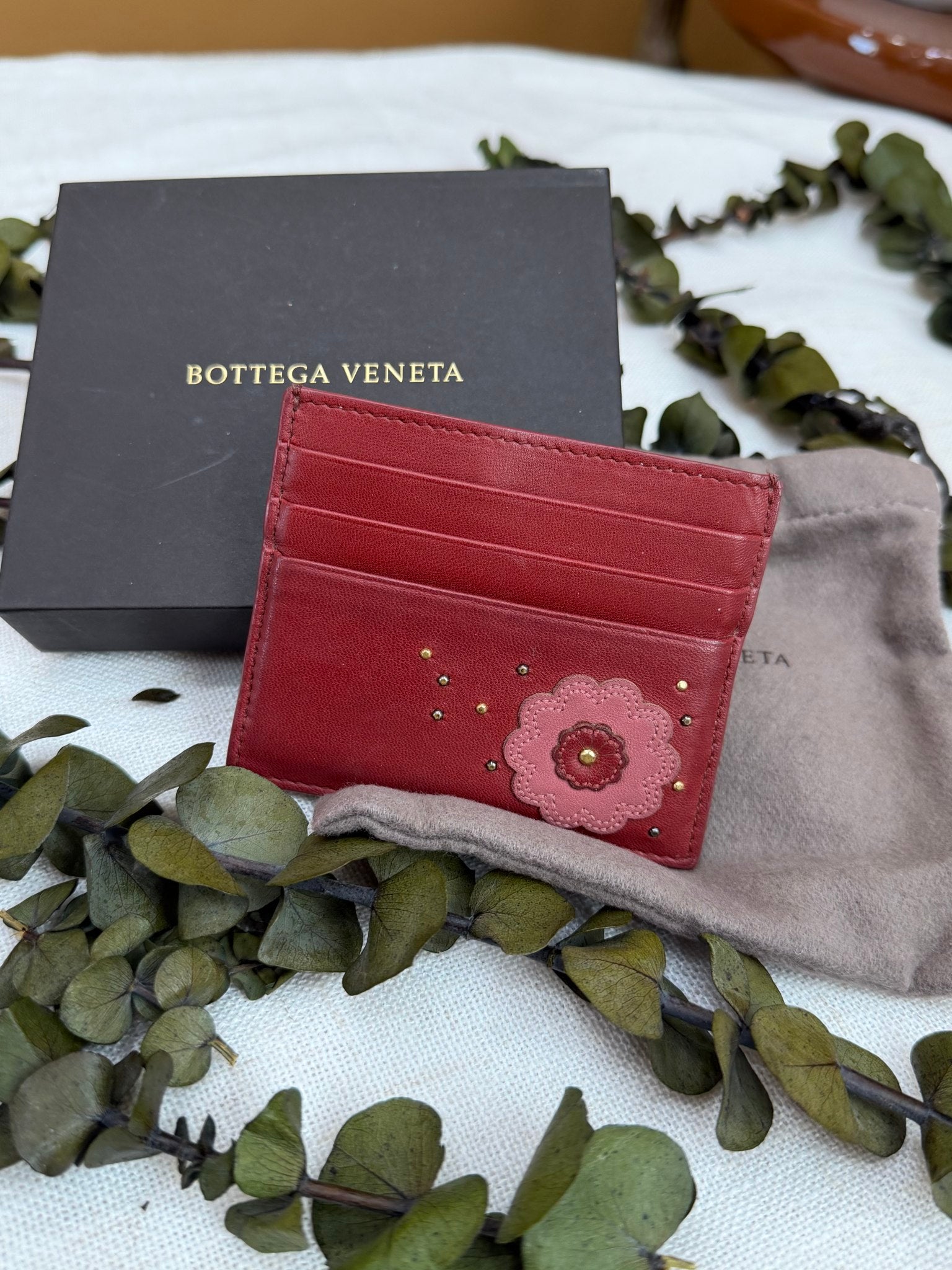 Bottega Veneta Brick Red Leather Flower Card Case