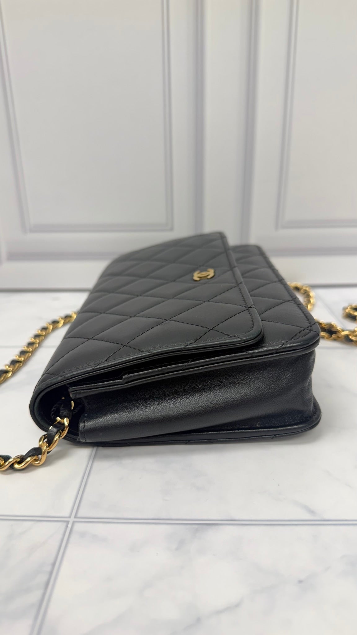 Chanel Black Lambskin Leather Wallet On A Chain