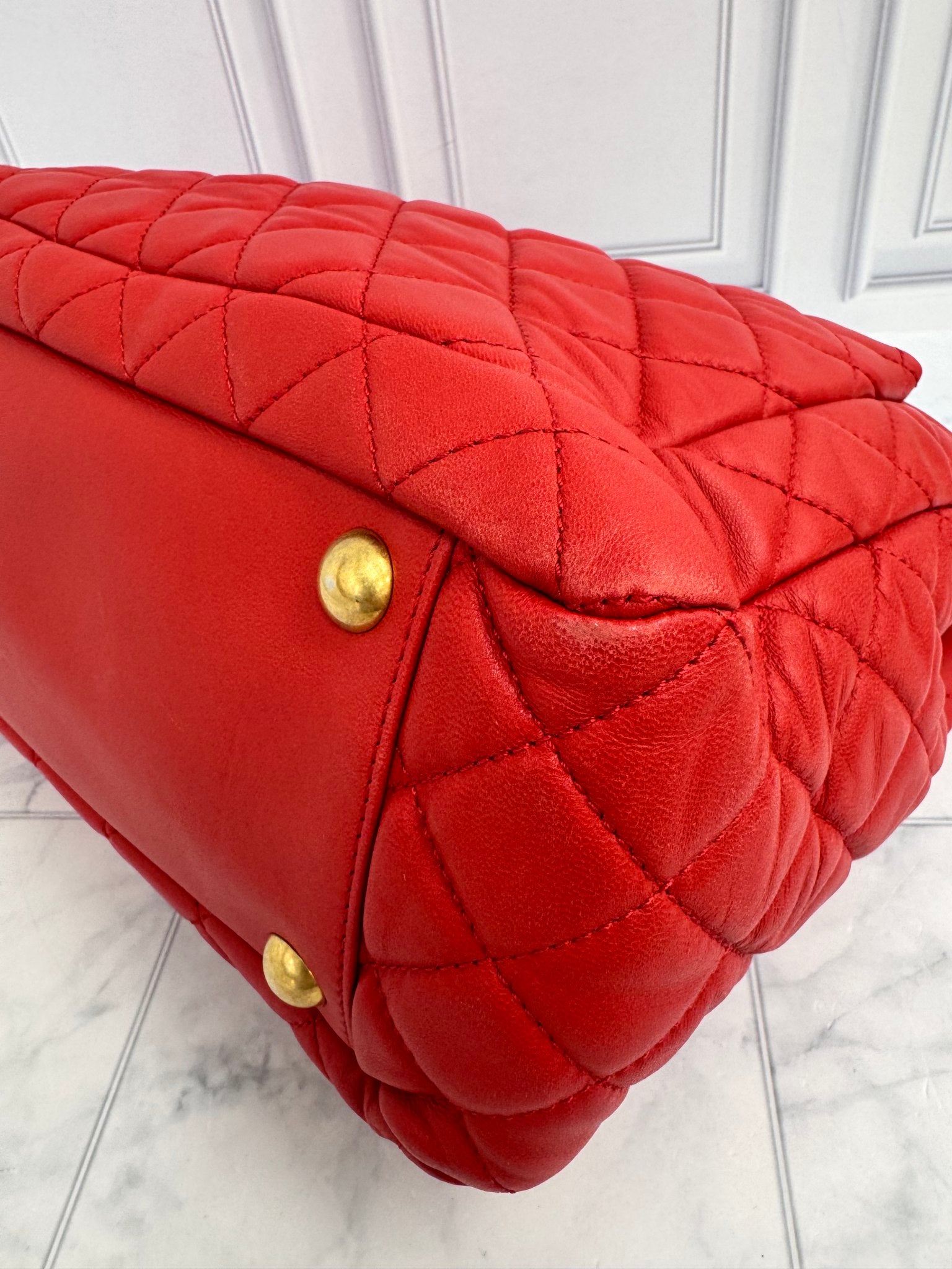 Chanel Red Quilted Lambskin Leather Front Pocket Shopping Tote