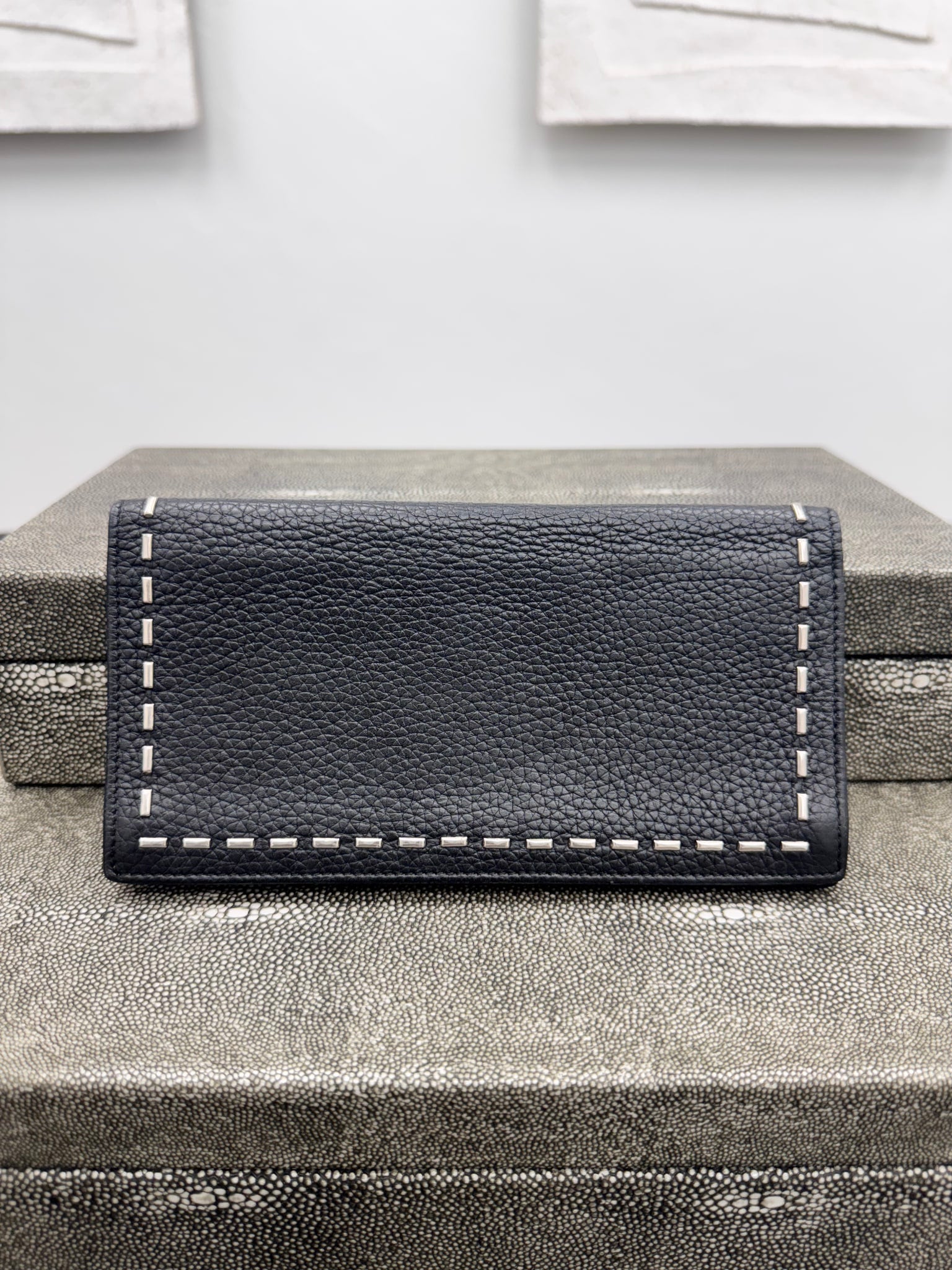 Fendi Black Grained Leather Studded Long Wallet