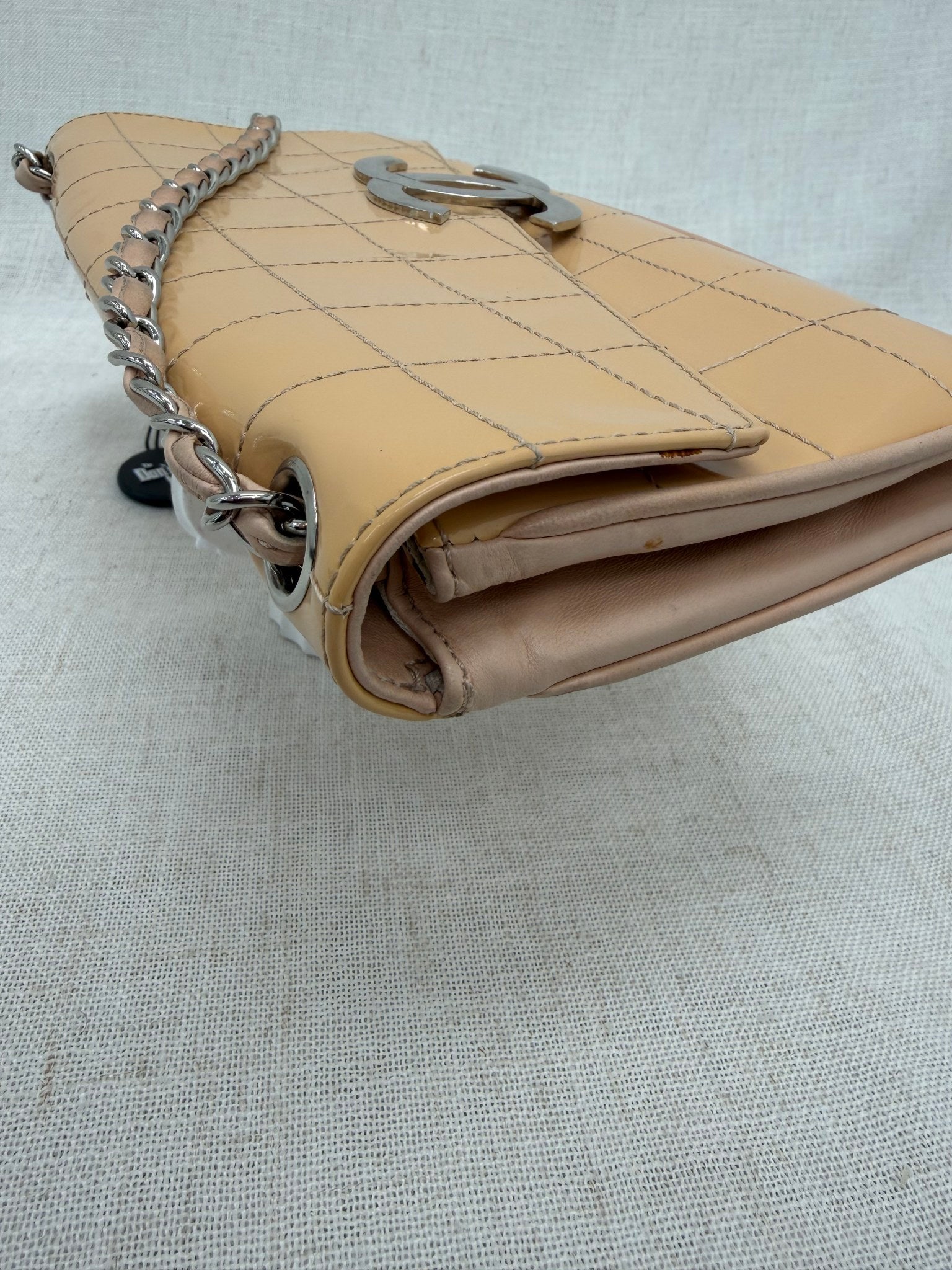 Chanel Peach Patent Leather East West Chocolate Bar Bag