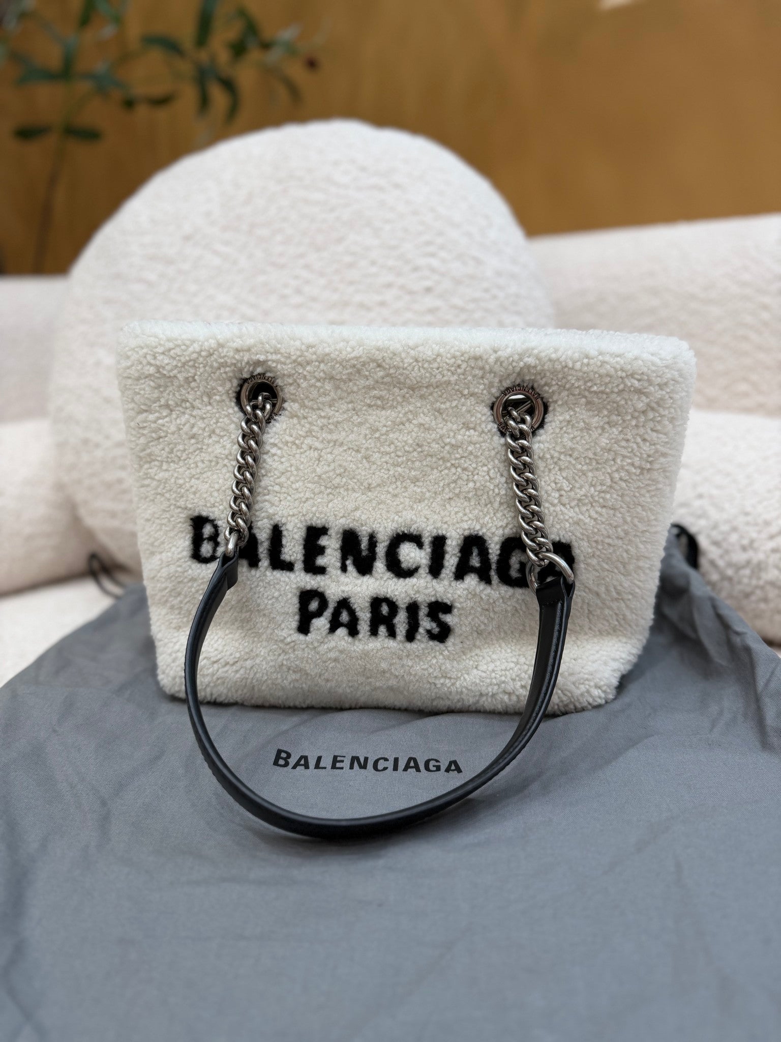 Balenciaga White & Black Shearling Shoulder Tote 