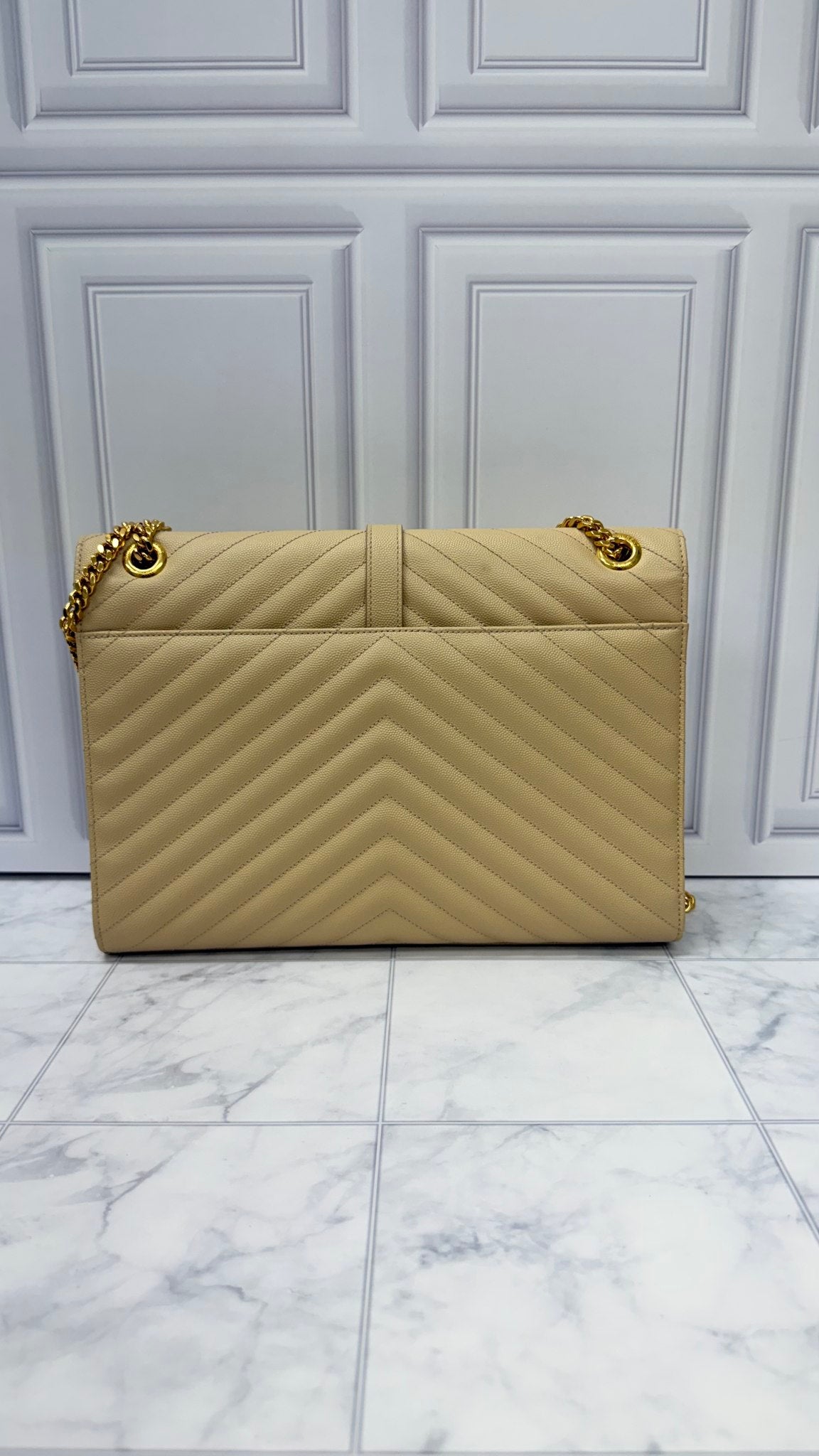 Saint Laurent YSL Beige Grained Leather Envelope Chain Handbag 
