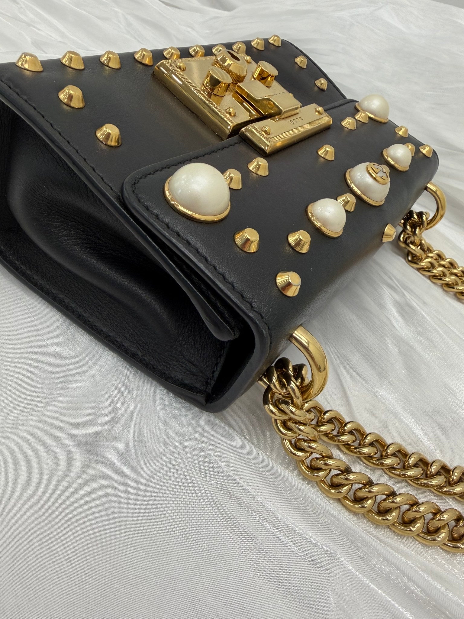 Gucci Black Leather Small Studded Pearl Padlock Bag