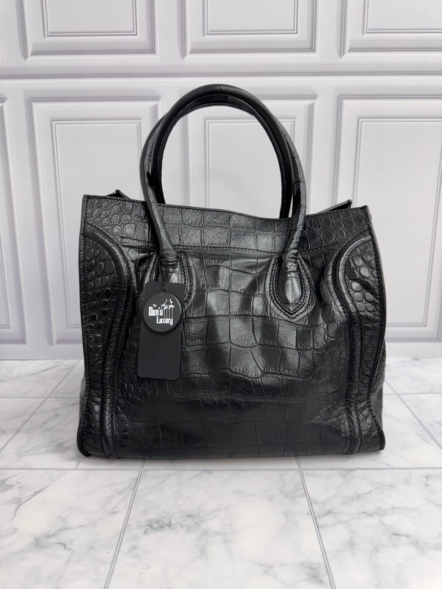 Celine Black Croc Embossed Medium Phantom Handbag