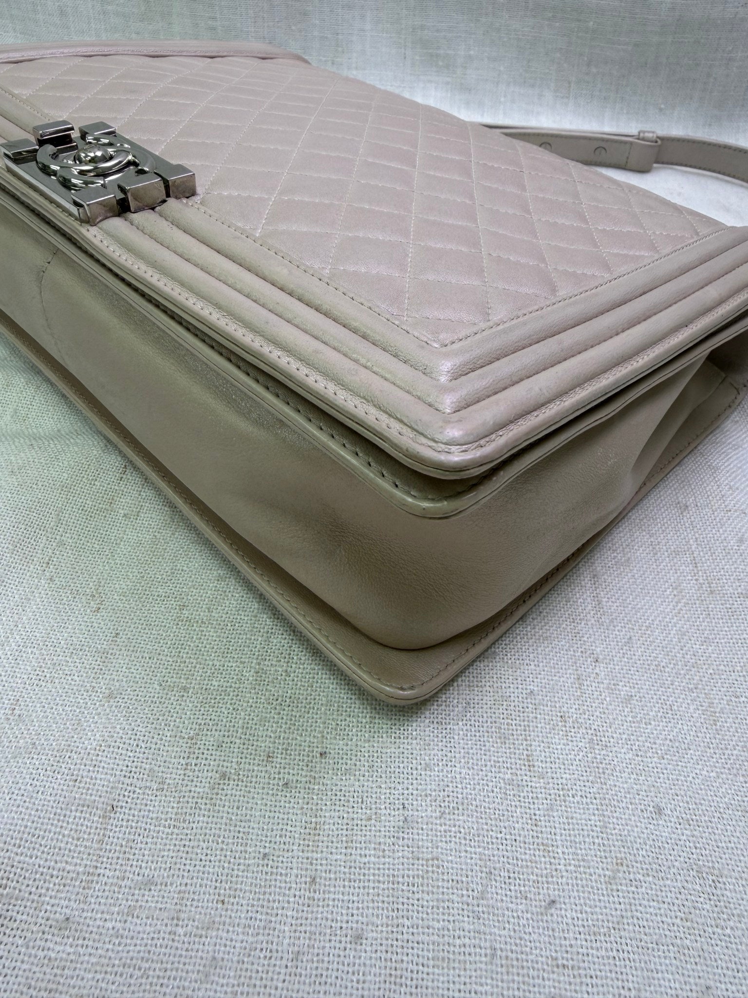 Chanel Irridesent Beige Quilted Calfskin Large Boy Bag