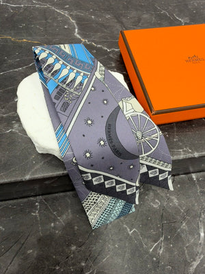 Hermes Blue & Grey Silk Objets De Curiosite Twilly