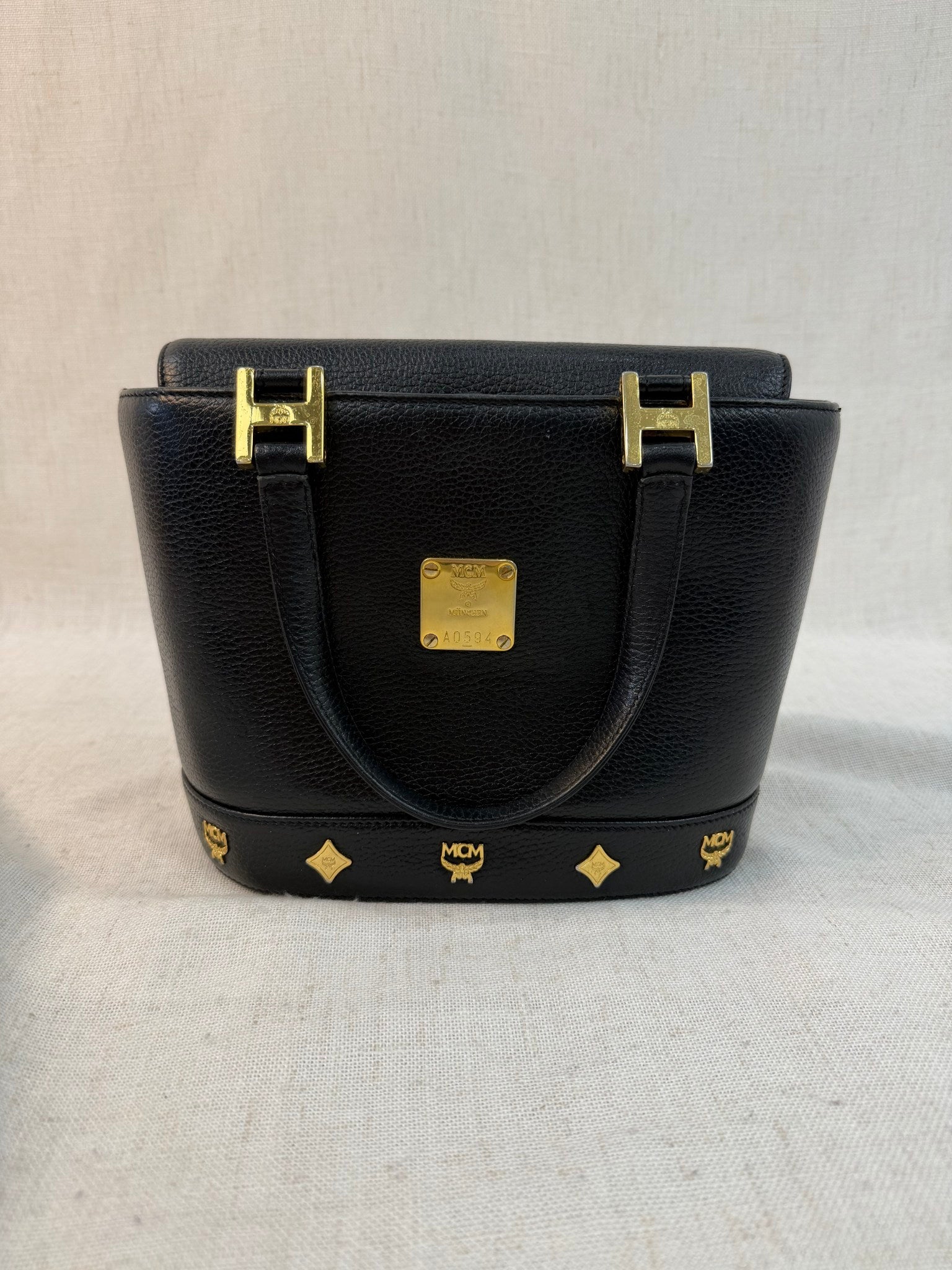 MCM Black Leather Stud Bucket Tote Bag