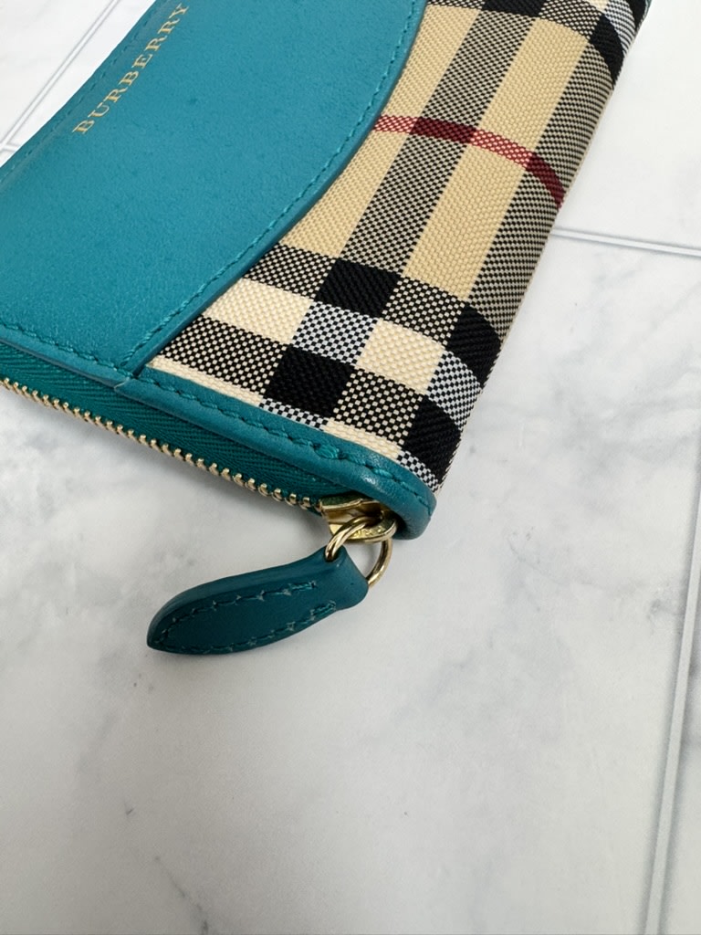 Burberry Teal House Check Canvas And Leather Compact Zippy Wallet