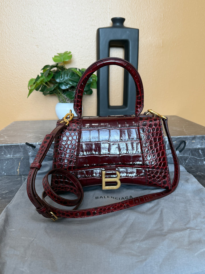 Balenciaga Burgundy Croc Embossed Small Hourglass Top Handle Bag
