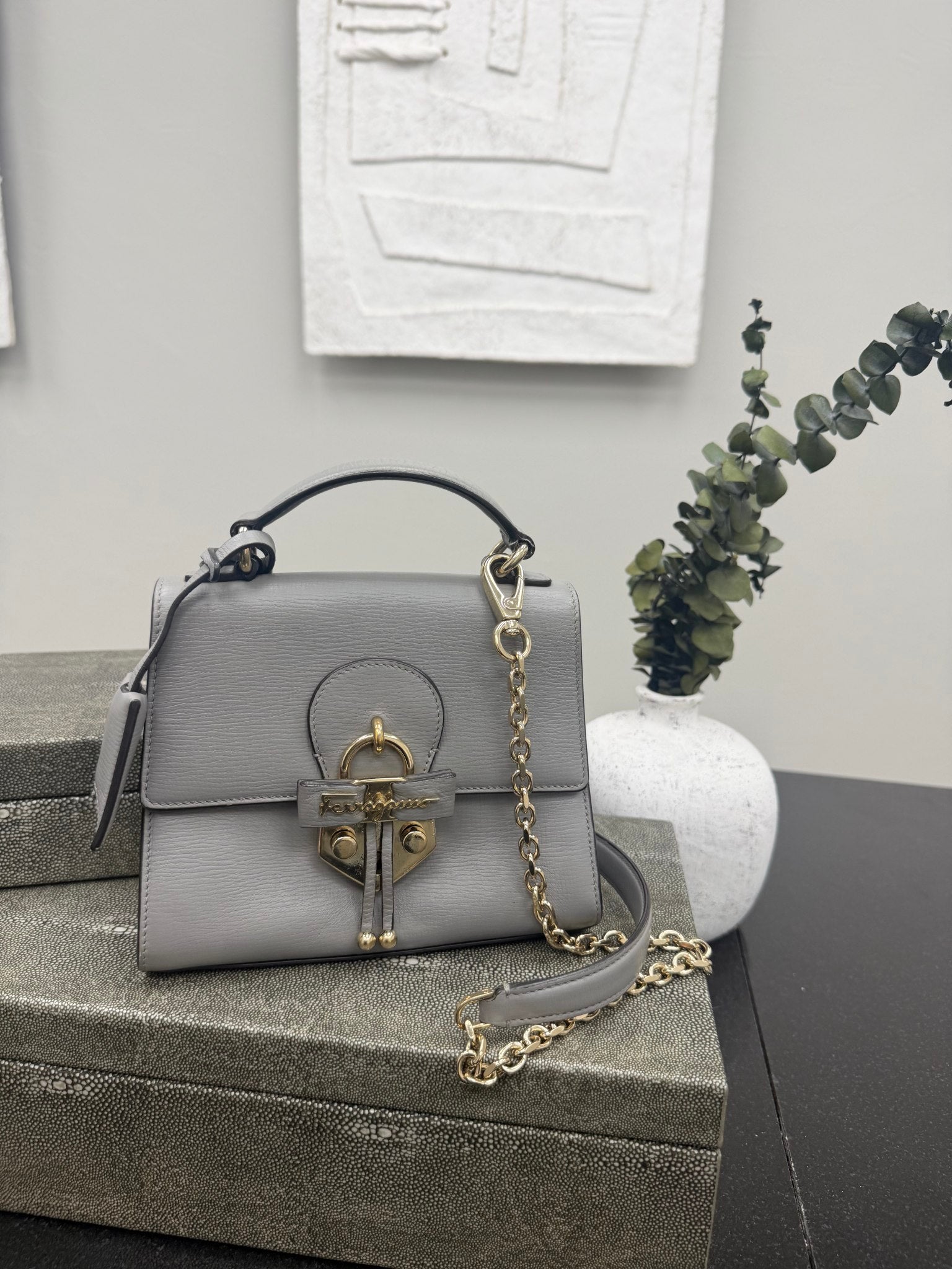 Salvatore Ferragamo Grey Leather Letty Top Handle Crossbody Bag