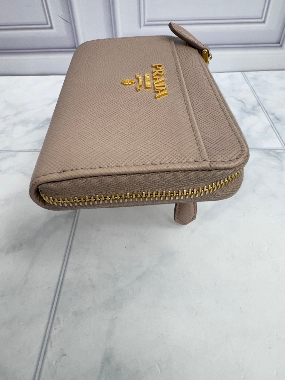 Prada Nude Saffiano Leather Compact Zippy Wallet