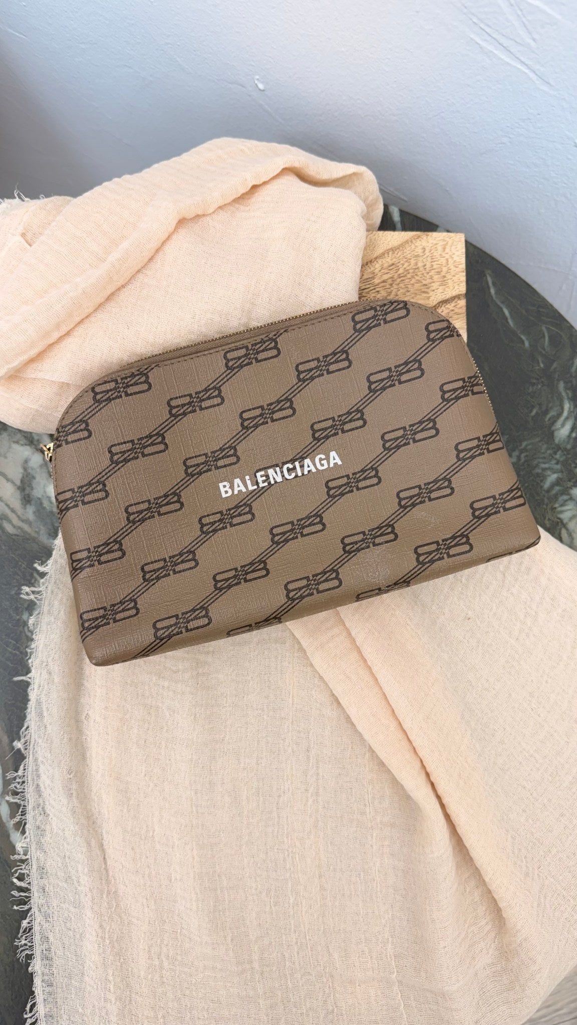 Balenciaga Beige Coated Canvas Cosmetic Pouch