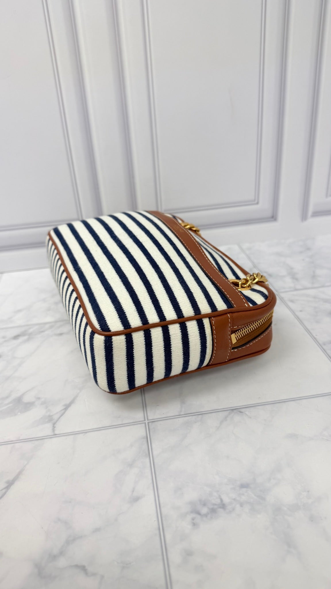 Celine White And Navy Jersey Chain Shoulder Bag 