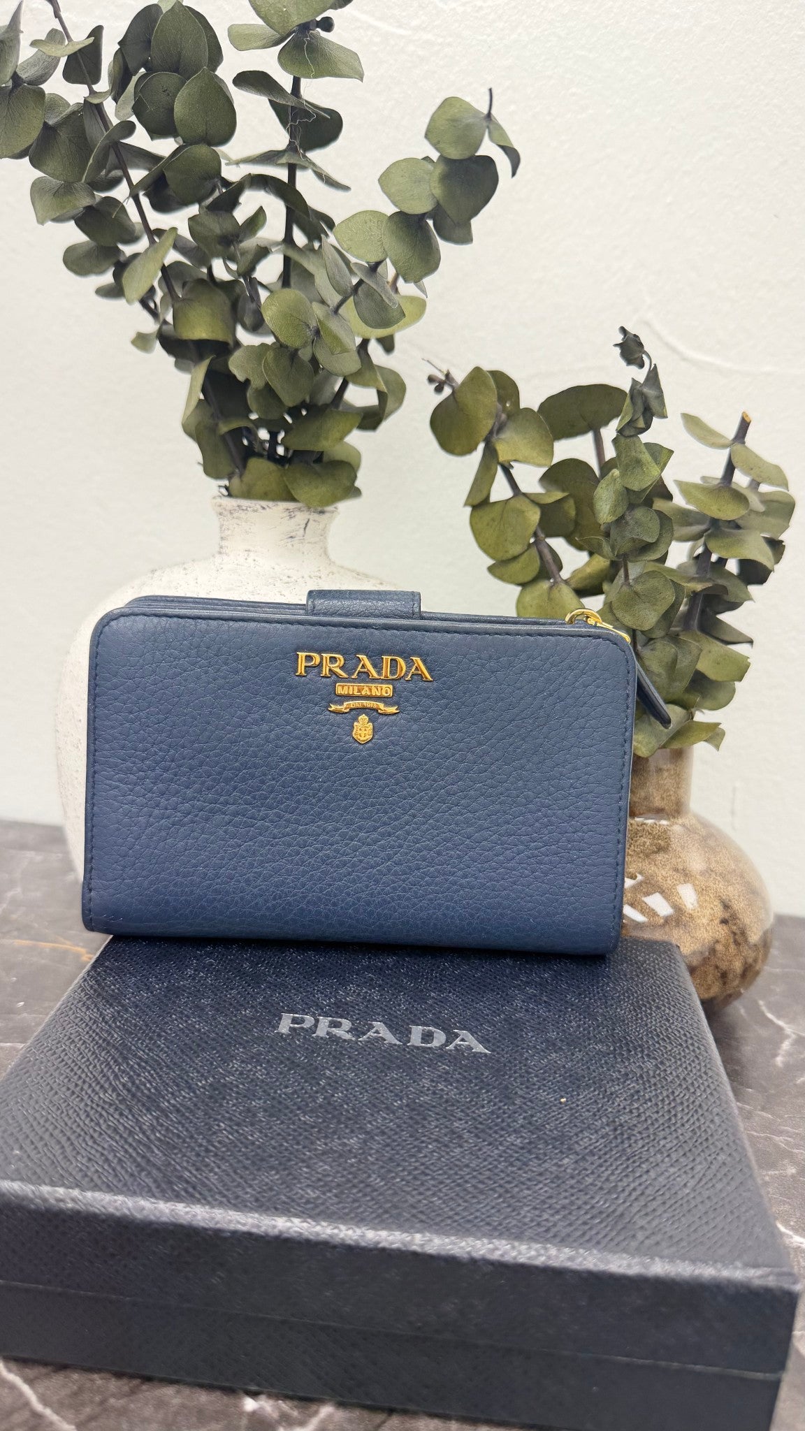 Prada Navy Blue Pebbled Leather Compact Wallet 