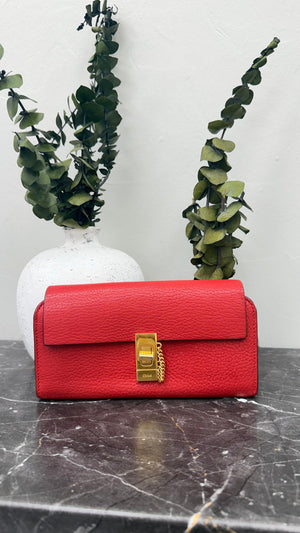 Chloe Red Grained Leather Drew Long Wallet