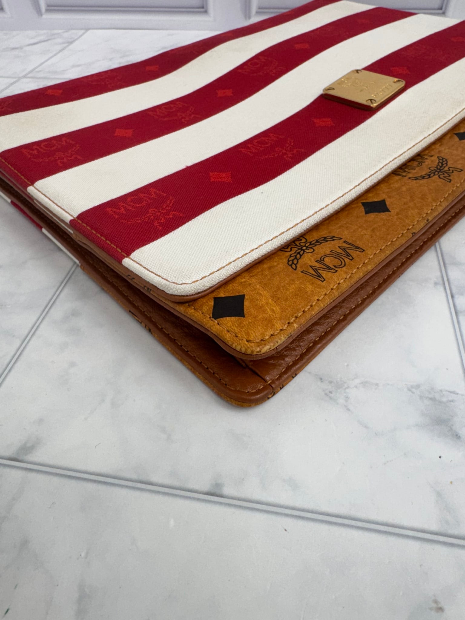 MCM Red & White Striped Visetos Canvas Clutch Bag
