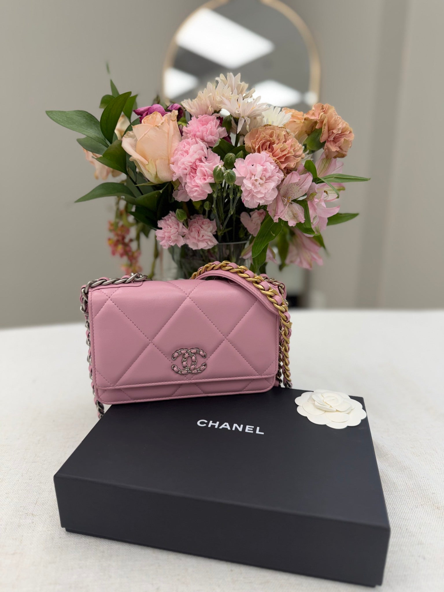 Chanel Pink Lambskin Leather 19 Wallet On A Chain 
