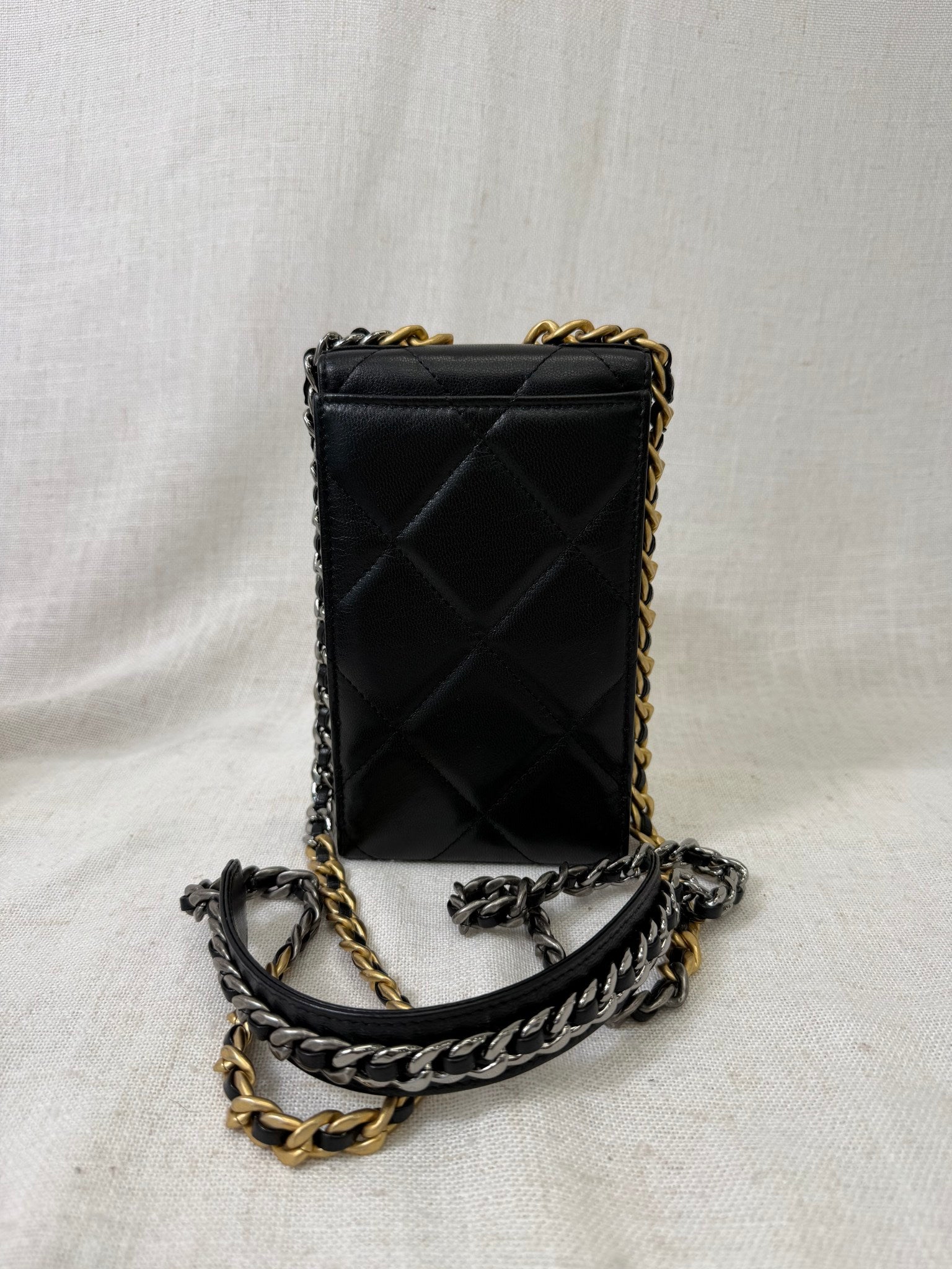 Chanel Black Lambskin Quilted Leather Phone Holder 