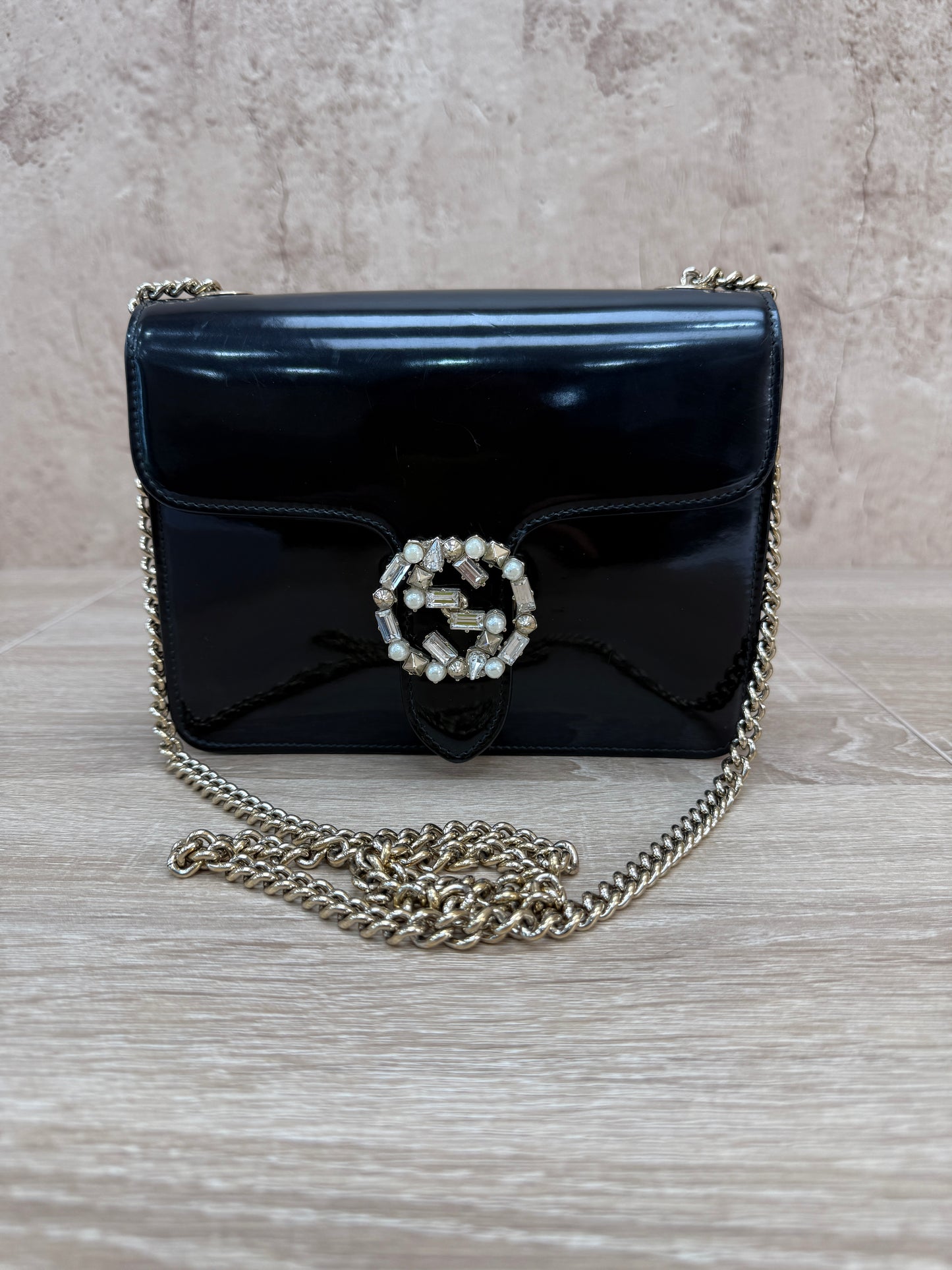 Gucci Black Patent Leather Embellished Interlocking G Small Shoulder Bag