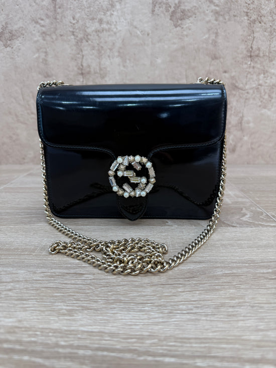 Gucci Black Patent Leather Embellished Interlocking G Small Shoulder Bag