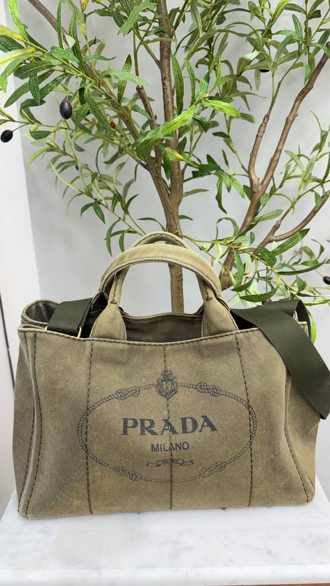 Prada Olive Green Canapa Canvas Tote Bag
