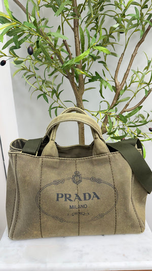 Prada Olive Green Canapa Canvas Tote Bag