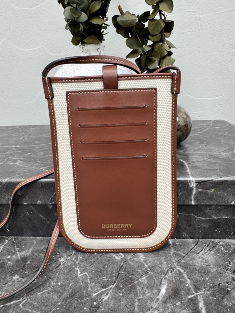 Burberry Beige Canvas And Tan Calfskin Crossbody Phone Case