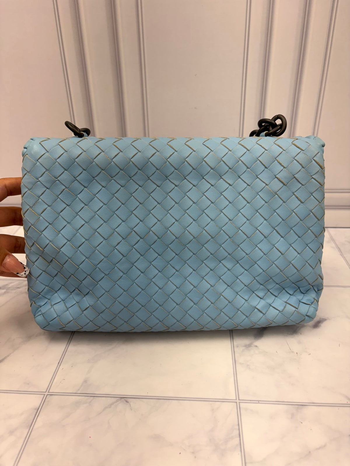 Bottega Veneta Blue Leather Intrecciato Woven Chain Flap Bag