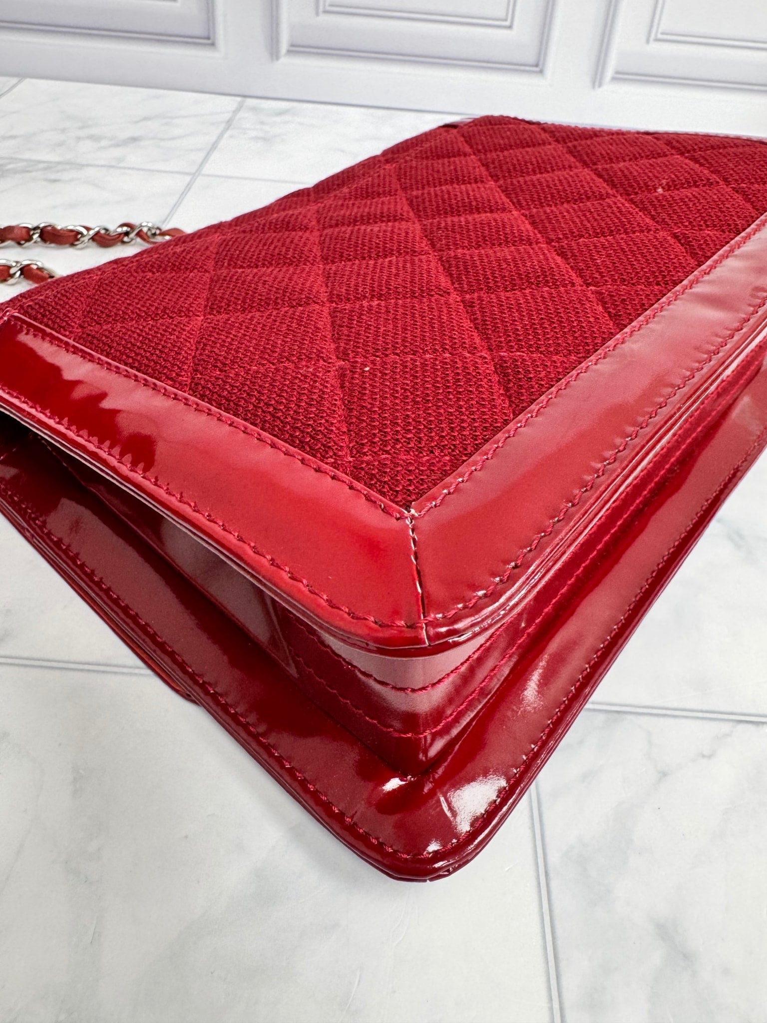 Chanel Red Quilted Jersey And Patent Leather 2.55 Reissue Flap Shoulder Bag