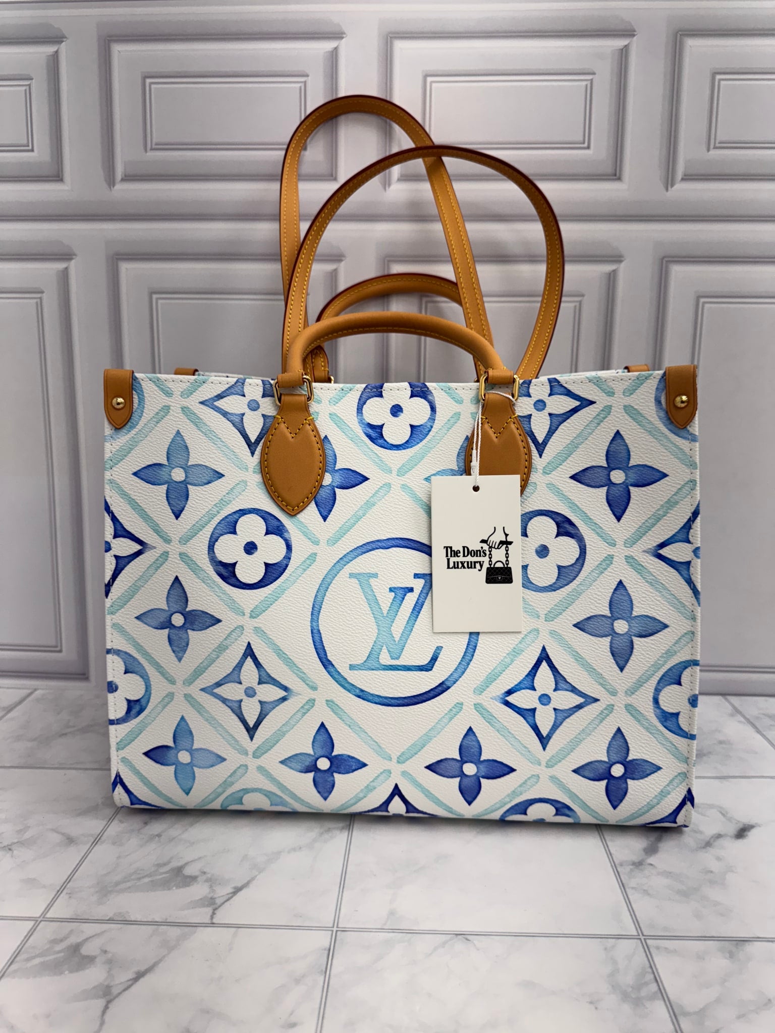 BRAND NEW - Louis Vuitton Lagoon Blue Monogram Tiles By The Pool On The Go Tote Bag MM 