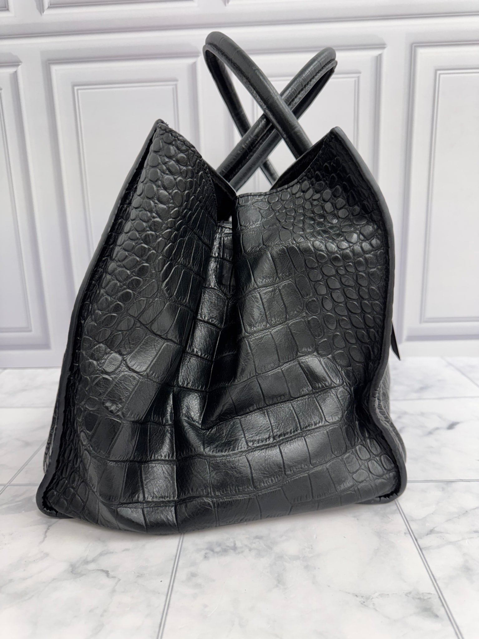 Celine Black Croc Embossed Medium Phantom Handbag