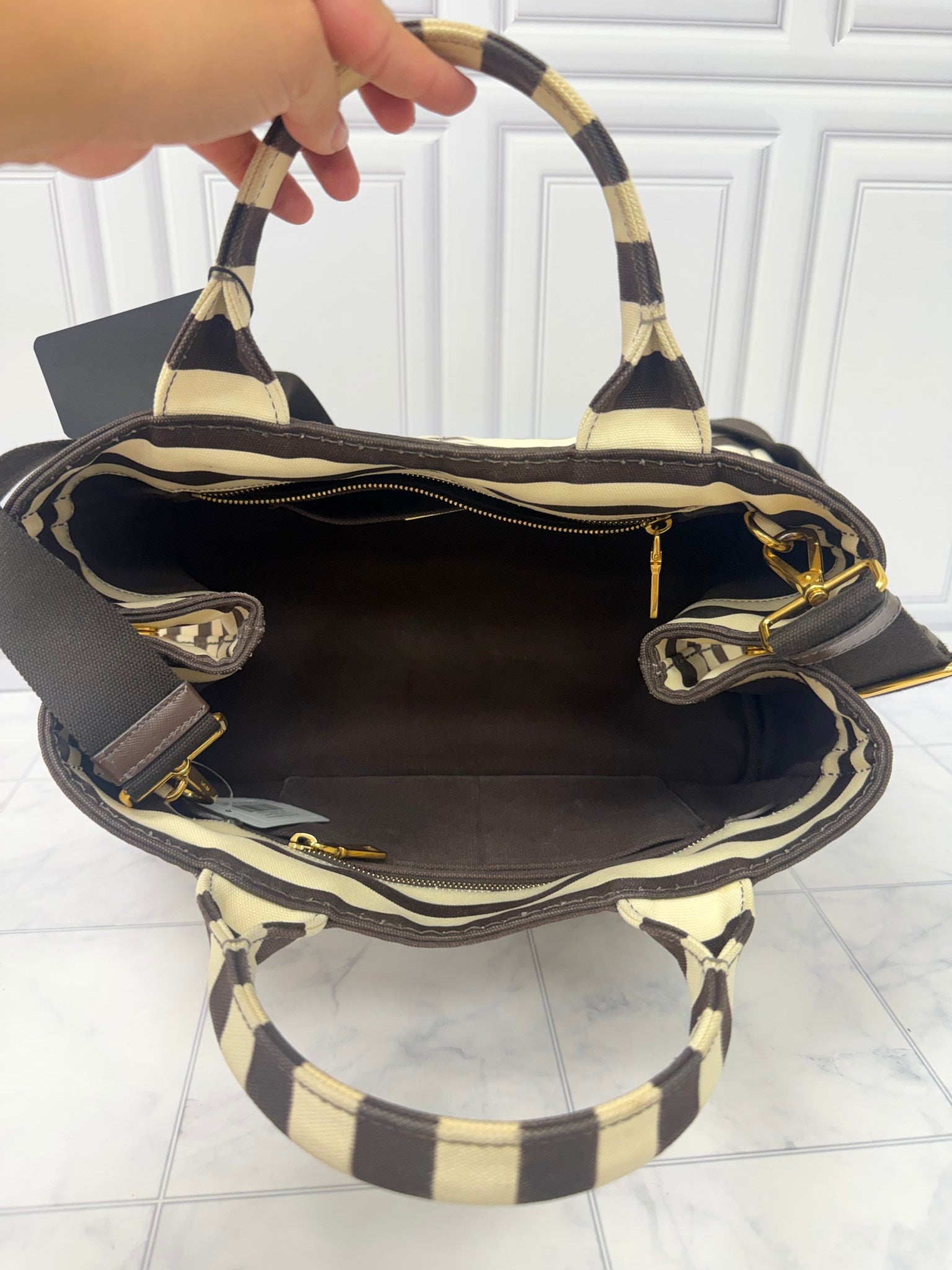 Prada Brown And Cream Canvas Canapa Striped Medium Tote Bag