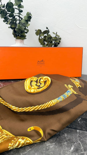Hermes Brown Silk Les Cavaliers Carre 90 Scarf