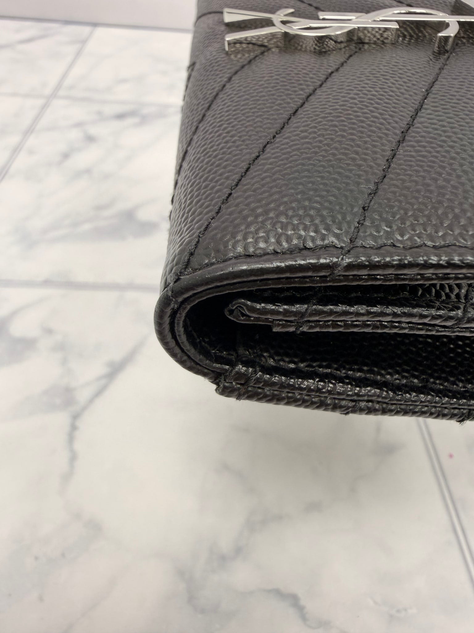LIKE NEW - Saint Laurent YSL Black Grained Leather Cassandre Matelasse Small Envelope Wallet 