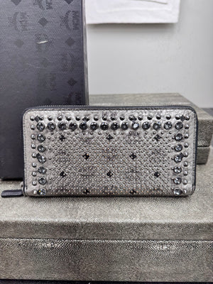 MCM Metallic Silver Visetos Leather Studded Zippy Wallet