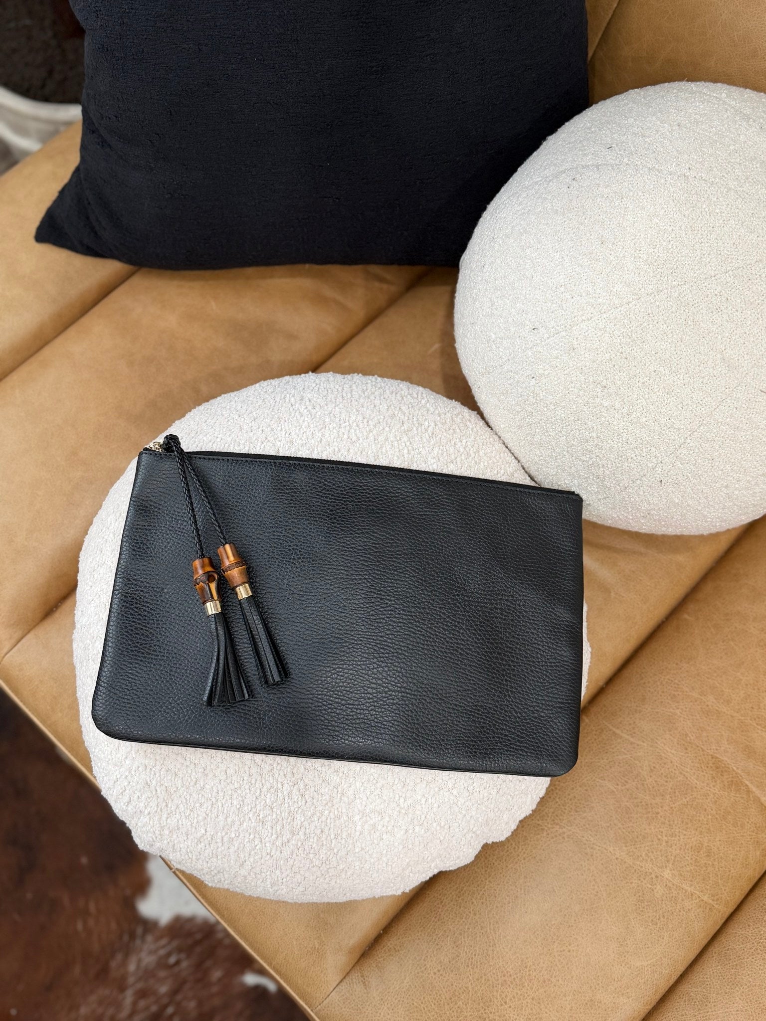 Gucci Black Leather Bamboo Pouch