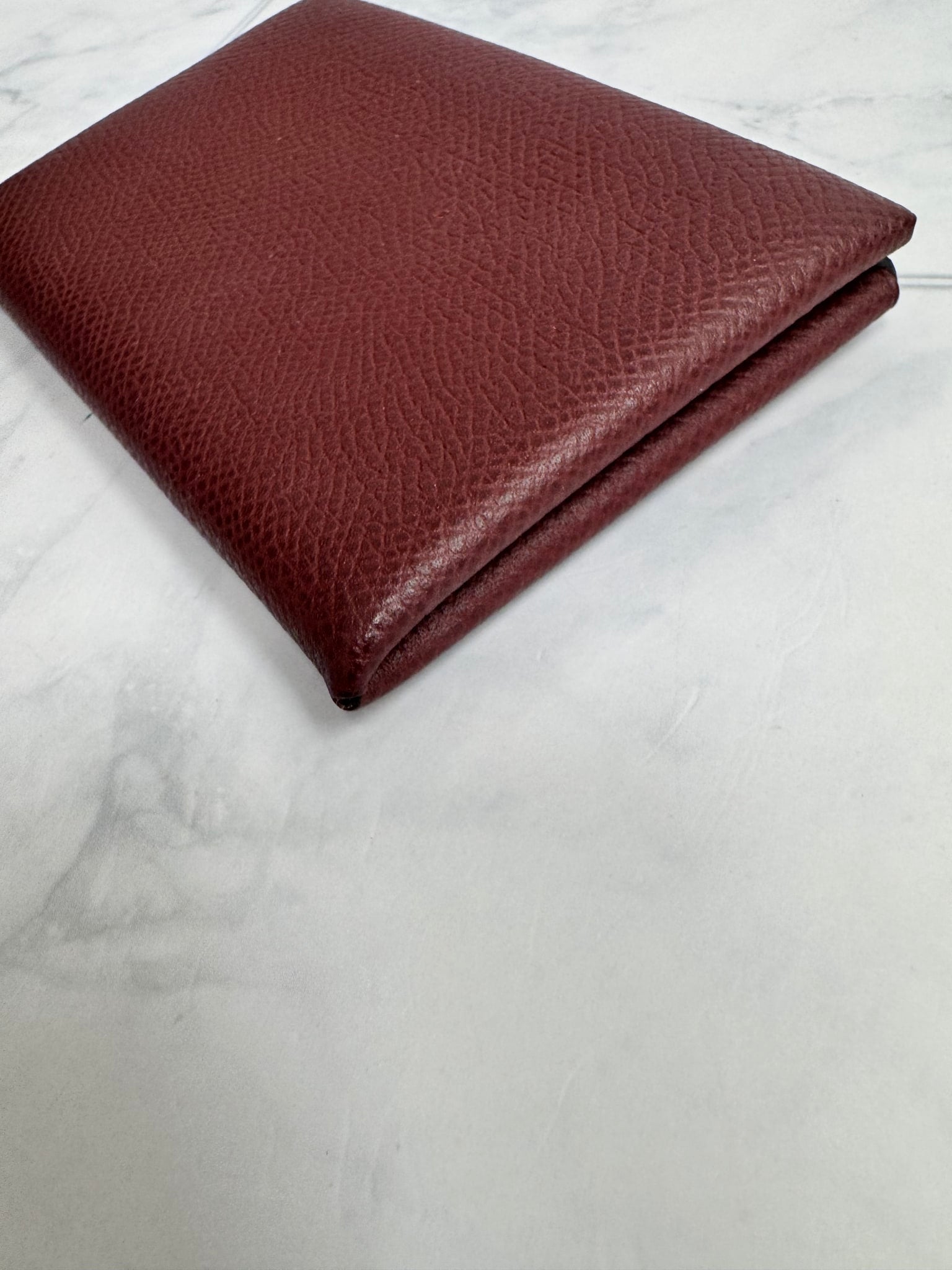Hermes Burgundy Grained Leather Calvi Card Holder