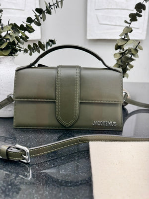 BRAND NEW - Jacquemus Dark Khaki Green Leather Le Grand Bambino Handbag