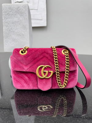 Gucci Pink Velvet Matelasse GG Marmont Chain Shoulder Bag