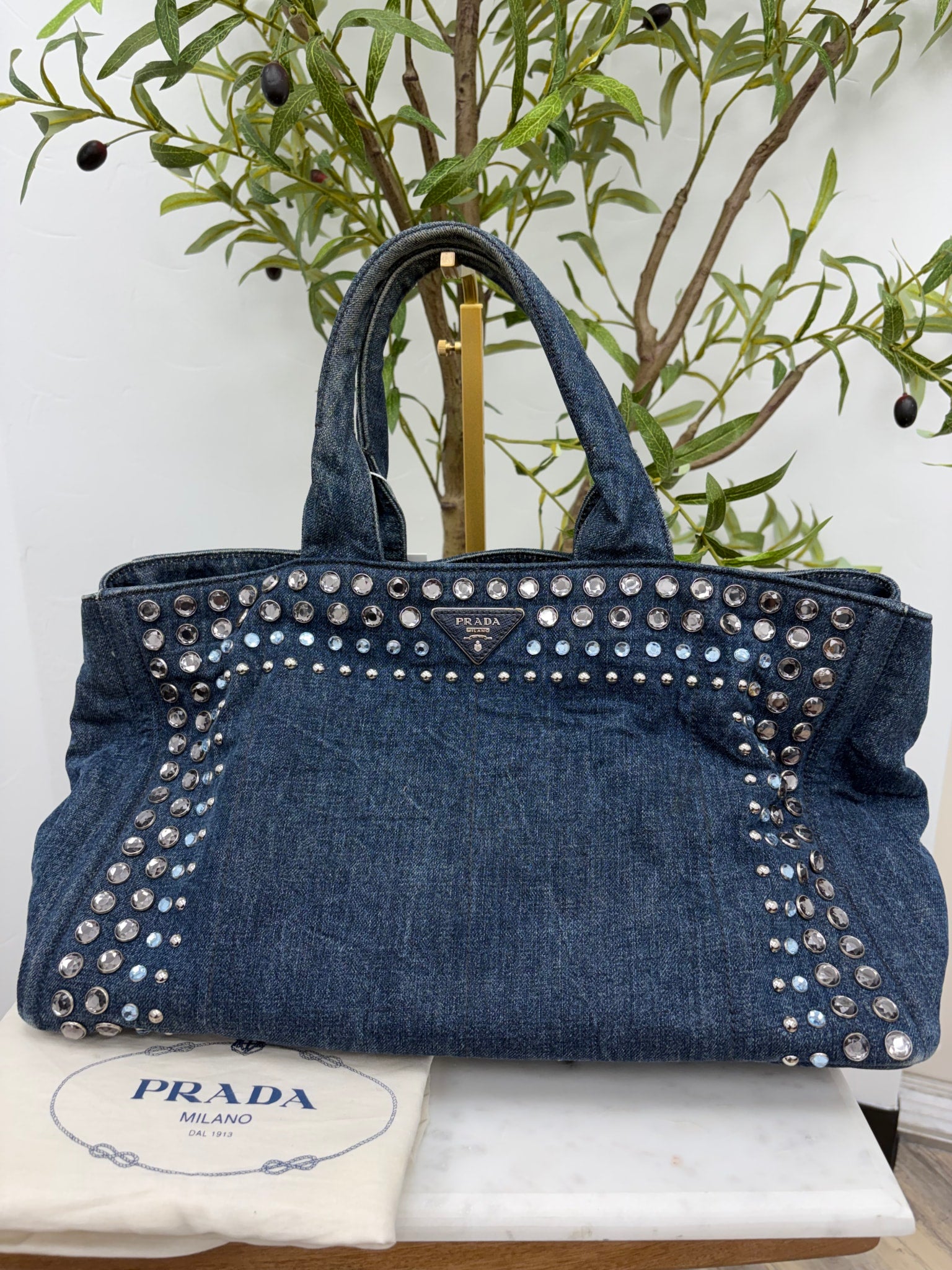Prada Blue Denim Studded Canapa Tote Bag 
