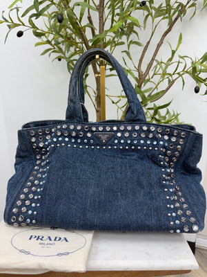 Prada Blue Denim Studded Canapa Tote Bag