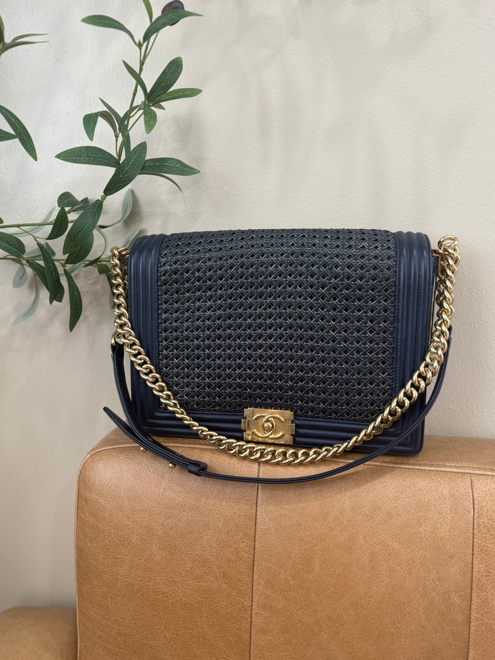 Chanel Navy Lambskin Braided Woven Boy Flap