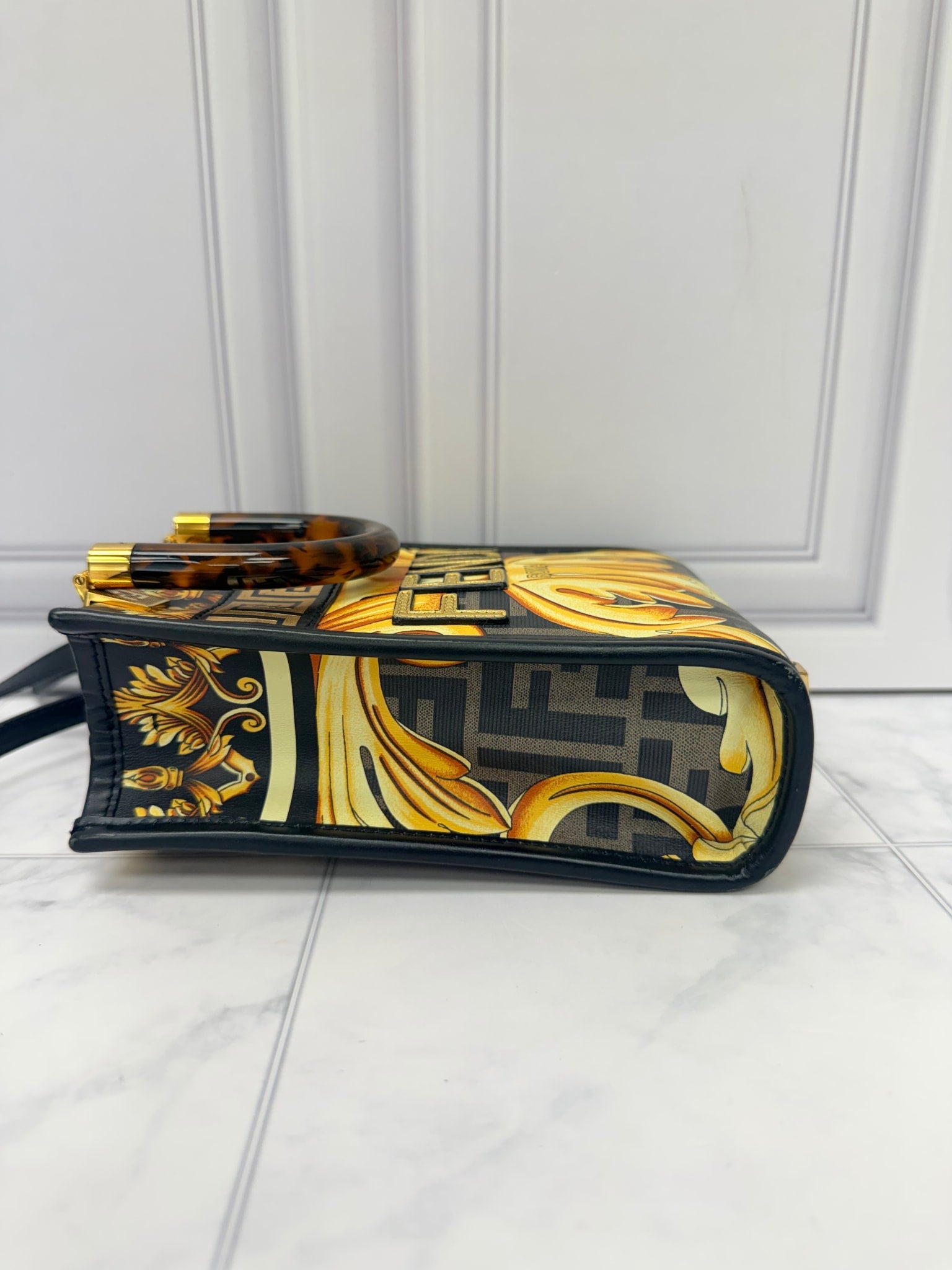 Fendi Yellow And Black Leather Fendace Mini Sunshine Shopper Crossbody Bag