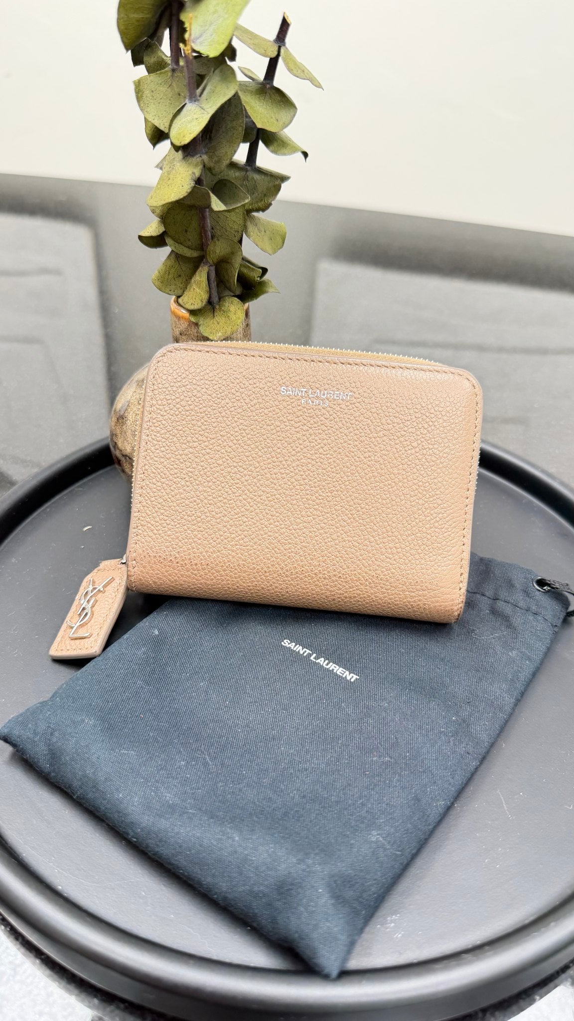 Saint Laurent YSL Dark Taupe Grained Leather Compact Wallet