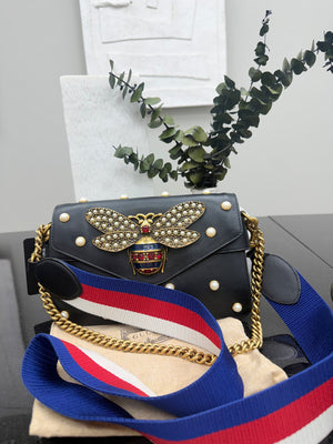 Gucci Black Calfskin Leather Pearl Studded Queen Margaret Bee Mini Shoulder Bag